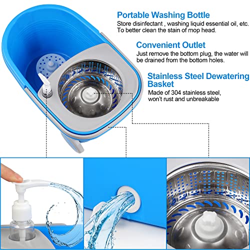 Mop Bucket with Wringer Set, Extended Stainless Steel Handle, 3 Microfiber Replacement Mop Head Refills, 2 Wheels for Household Cleaning, Hardwood Floor Tiles, Blue/Gray