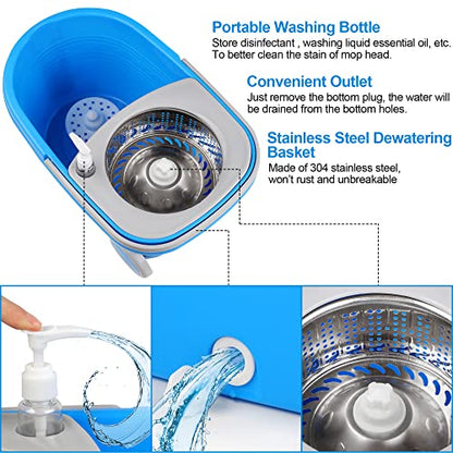 Mop Bucket with Wringer Set, Extended Stainless Steel Handle, 3 Microfiber Replacement Mop Head Refills, 2 Wheels for Household Cleaning, Hardwood Floor Tiles, Blue/Gray