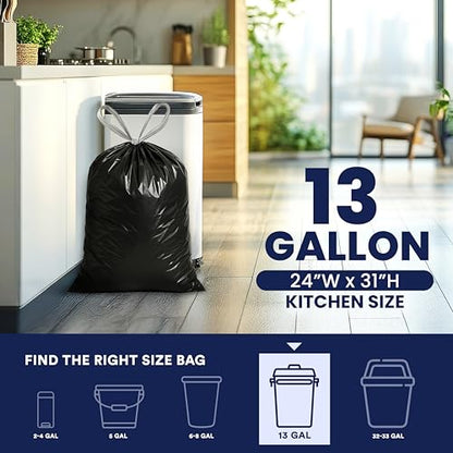 Plasticplace 13 gallon Extra Tall Drawstring Kitchen Trash Bags | Black 1.2 Mil, 24"W x 31"H (200Count) - color: Black, size: 200 Count (Pack of 1)