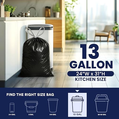 Plasticplace W13DSBKJR 13 Gallon Trash Bags │ 1.2 Mil │ (50 Count) Black Extra Tall Garbage Can Liners │ 24” x 31” - color: Black, size: 50 Count (Pack of 1)