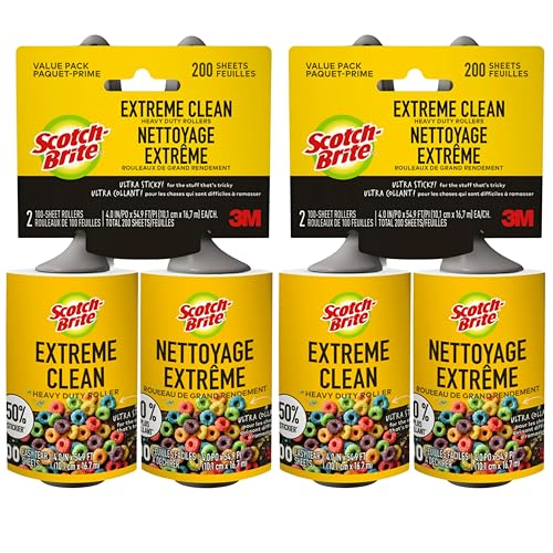 Scotch-Brite Extreme Clean Lint Roller, 50% Stickier, Heavy Duty Pet Hair and Debris Remover, 4 in x 54.9 ft Each, 4 Pack, 400 Easy Tear Sheets Total