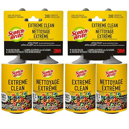 Scotch-Brite Extreme Clean Lint Roller, 50% Stickier, Heavy Duty Pet Hair and Debris Remover, 4 in x 54.9 ft Each, 4 Pack, 400 Easy Tear Sheets Total
