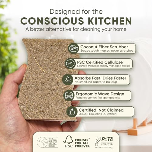 Plant-Based Kitchen Sponges (12 Pack) | USDA Biobased Certified | FSC & PETA Approved | Natural Cellulose & Coconut Scrubber Sponge | S-Shaped Design | Eco-Friendly, Non-Scratch, Non-Toxic & Vegan - size: 12 Pack