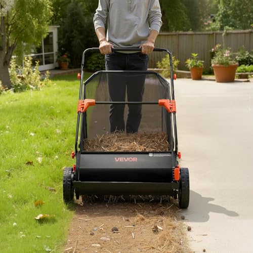 VEVOR Push Lawn Sweeper, 26 in Leaf & Grass Collector with 7 cu. ft. Hopper Bag, Adjustable Brush Height & Spinning Brushes, Heavy Duty Yard Sweeper with Rubber Wheels for Leaves Grass Cleanup