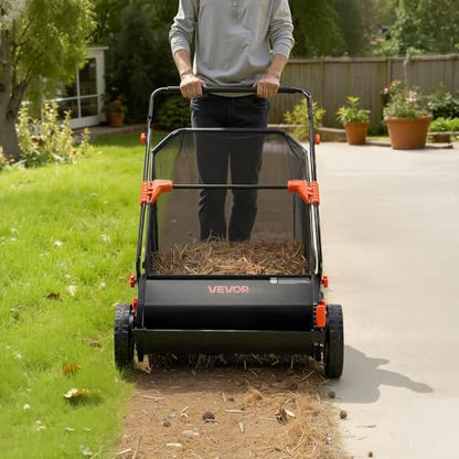 VEVOR Push Lawn Sweeper, 26 in Leaf & Grass Collector with 7 cu. ft. Hopper Bag, Adjustable Brush Height & Spinning Brushes, Heavy Duty Yard Sweeper with Rubber Wheels for Leaves Grass Cleanup
