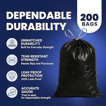 Plasticplace 13 gallon Extra Tall Drawstring Kitchen Trash Bags | Black 1.2 Mil, 24"W x 31"H (200Count) - color: Black, size: 200 Count (Pack of 1)