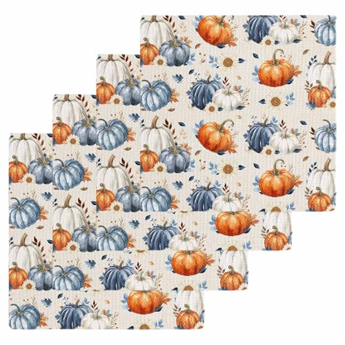 Fall Blue Orange Pumpkin Dish Towels Set, Waffle Weave Kitchen Towels 4 Pieces, Autumn Thanksgiving Retro Leaf Microfiber Hair Face Bath Tea Towel Absorbent Quick Drying Cleaning Dish Cloths, 12"x12" - color: Blue Biscotti Beige, size: 4PCS,12"x12"