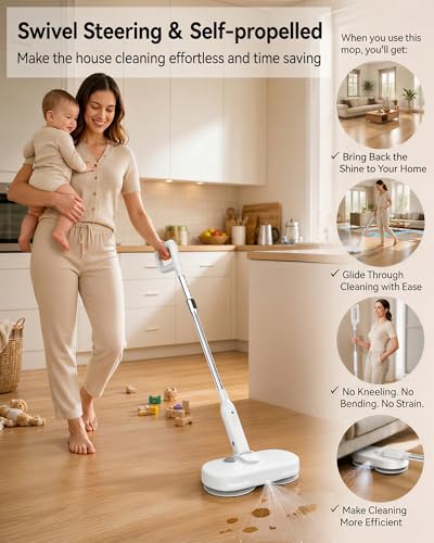 Buways Cordless Electric Mop, Self-Propelled Electric Spin Mop, Gravity Assist Pressure, 8000mAh Battery, LED Light & Water Spray, for Hardwood, Tile & Laminate Floors