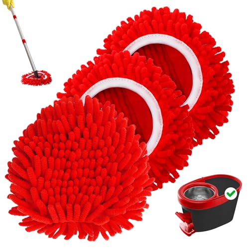 Baderke 3 Pack Chenille Mop Heads Replacements Compatible with 1 Tank System Chenille Duster Replacement Heads Microfiber Spin Mop Refill Pads Reusable Dust Refills for Floor Cleaning (Red) - color: Red