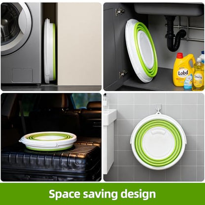 Collapsible Bucket with Handle, Space Saving Silicone Mop Bucket, Portable Foldable Cleaning Bucket for Home, Camping, Car Wash, Laundry, Kitchen & Outdoor Use (Green)