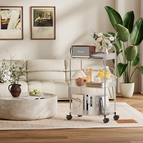 STARLATTA 3 Tier Rolling Cart with Lockable Wheels, Clear Acrylic Utility Trolley with Handle, Heavy-Duty Storage Organizer for Kitchen Bathroom Nursery Laundry - Snack Book Craft Organizer (Clear)