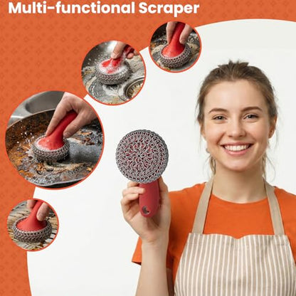 Cast Iron Scrubber with Long Handle | 316 Cast Iron Cleaner Chainmail Scrubber for Cast Iron Pan Skillet Cleaner - Dish Scouring Pad Dishwasher Safe Cleaning Kit (Red, 1 Scrubber + 1 Scraper) - color: Red, 1 Scrubber + 1 Scraper