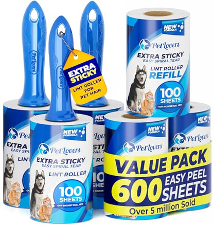 PetLovers Extra Sticky Lint Roller Mega Value Set 600 Sheets for Pet Hair Removal, Dog and Cat Lint Remover 6 Pack - size: 6 Pack Lint Roller