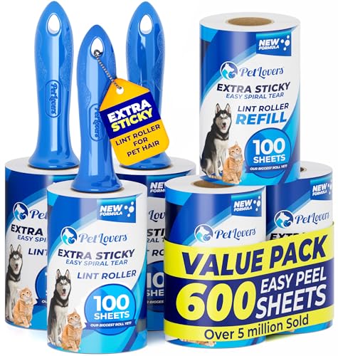 PetLovers Extra Sticky Lint Roller Mega Value Set 600 Sheets for Pet Hair Removal, Dog and Cat Lint Remover 6 Pack - size: 6 Pack Lint Roller