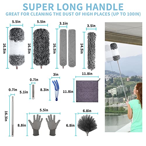 Microfiber Feather Duster with Extension Pole 30 to 100 inches, Reusable,Bendable, Washable Dusters for Cleaning Ceiling Fan, High Ceiling, Blinds, Furniture & Cars, 12PCS