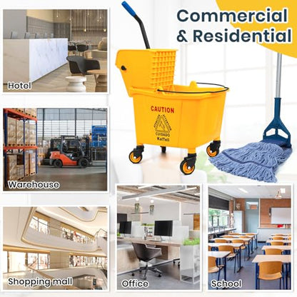35 Quart Commercial Mop Bucket with Side Press Wringer on Wheels and 1 Industrial Mop for Floor Cleaning, Use at Home Business Area, Janitorial Supplies, Rectangular