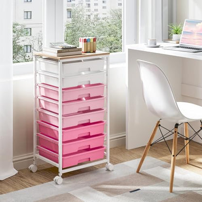 Rolling Cart with Drawers, Pink Cart with 8 Plastic Drawer Storage and Wooden Tabletop, Craft Storage, Teacher Cart, Storage Cart on Wheels, Rose Pink - color: Rose Pink