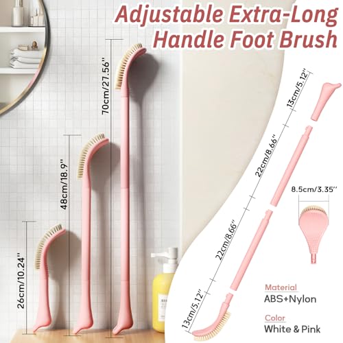 Foot Brush/Foot File/Silicone Body Scrubber Set(3PCS), 3-in-1 Foot Scrubber with Long Handle, 10.2’’-27.5’’Adjustable Foot Scrub Brush with Foot File and Silicone Loofah, Gift-Box(Pink Set) - color: Pink Kit03