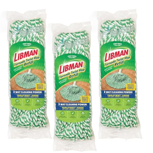 Libman Tornado Mop Refill, Direct Replacement Head for Libman Self Wringing Twist Mop, Cotton, Machine Washable, 3 Pack