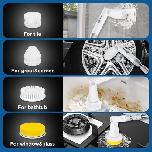 Electric Spin Scrubber, Bathroom Cleaner, Power Shower Cleaning Brush with Extendable Handle & 4 Brush Heads, Shower Scrubber for Bathtub Tile Grout Kitchen Window and Floor