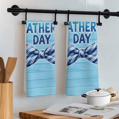 Happy Father's Day Kitchen Towels Set of 3 Blue Stripes Tie Rustic Wooden Grain Decorative Dish Towels Ultra Soft Microfiber Absorbent Reusable Dishcloths for Kitchen Drying, 18x28 Inch - size: 28" x 18" (Pack of 3)