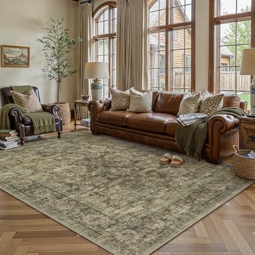 HUGEAR 5x7 Area Rug Mossy Vintage Machine Washable Rug Room Decor Distressed Living Room Rugs Non Slip Low Pile Soft Carpet for Bedroom Office Dining Room Soft Lightweight - color: Mossy, size: 5' x 7' (Rectangular)