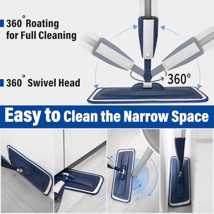 Spray Mop for Floor Cleaning, 2 Pack with Refillable Bottles & Pads | Blue combo, refillable 14 oz bottles, 6 washable microfiber pads, wet/dry use for hardwood, tile, laminate, home & commercial - color: Blue&blue