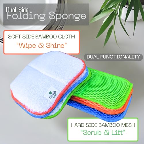Foldable Dish Sponge – Thin Dual-Sided with Mesh Scrubber and Rayon derived from Bamboo Reusable Non-Scratch Kitchen Sponge for Multi-Surface Cleaning, 6 Pack