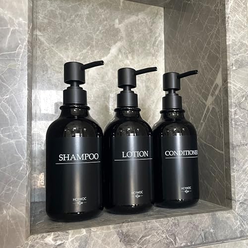 Shampoo Dispenser for Shower Wall, Shampoo and Conditioner Dispenser with 16 Waterproof Labels, No Drill Shower Soap Dispenser Bathroom, Shower Soap Dispenser Wall Mounted,17oz, 3 Pack, Black - color: 1-gloss Black Bottle + Black Pump