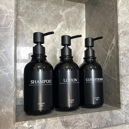Shampoo Dispenser for Shower Wall, Shampoo and Conditioner Dispenser with 16 Waterproof Labels, No Drill Shower Soap Dispenser Bathroom, Shower Soap Dispenser Wall Mounted,17oz, 3 Pack, Black - color: 1-gloss Black Bottle + Black Pump