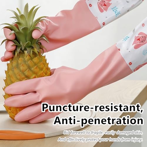 1 Pair Rubber Gloves, Reusable | Waterproof, Wavy Edged Extended Cleaning Gloves, Suitable For Daily Household Cleaning Use (Pink)