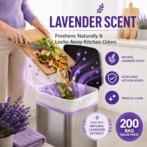13 Gallon Tall Kitchen Trash Bags, 200 Count Lavender Scented | Drawstring Closure Odor Control Leak Resistant Tear Resistant Easy Tie Handles