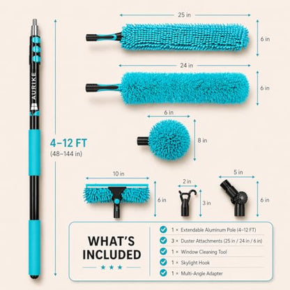 High Ceiling Duster Kit with 4-12FT Heavy Duty Extension Pole, Reaches Up to 20FT, Includes Microfiber Feather Duster, Cobweb and Ceiling Fan Duster, Window Squeegee Cleaner & Skylight Hook (12FT) - size: 12FT