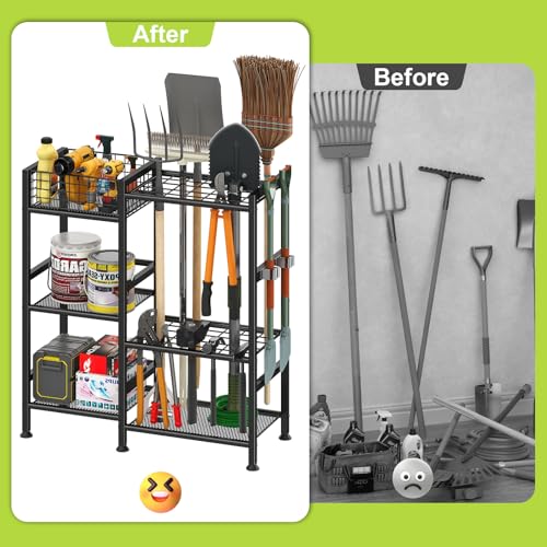 keomaisyto Garden Tool Organizer With Basket - 3 Tier Yard Storage Rack for Garage Organization, Heavy Duty Holder With 35 Long-Handled Slots for Shed, Yard, Garage - size: XL-29.5"W x 12"D x 31.2"H