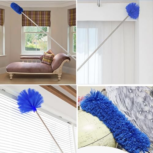 Cobweb Duster with Extension Pole, Ceiling Cob Web Cleaner Kit with 2 Duster Heads, 15-100 Inch Telescopic Microfiber Cleaning Duster, Long Corner Duster Tool for High Walls, Fans, Blinds Blue