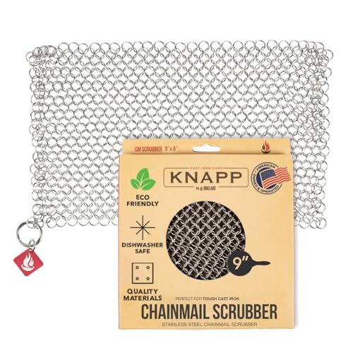 Knapp Made CM Scrubber 9" x 6" Small Ring Chainmail Cast Iron Scrubber, Premium Stainless Steel Mesh Cleaner for Pre-Seasoned Pans, Dutch Ovens, Grills and Skillets - size: 9x6 Inch (Pack of 1)