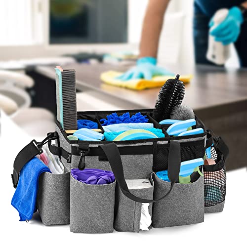 LoDrid Wearable Cleaning Caddy Bag with 4 Foldable Dividers, Cleaning Supply Organizer with Shoulder Strap and Side Handles for Cleaners & Housekeepers, Grey - color: Gray