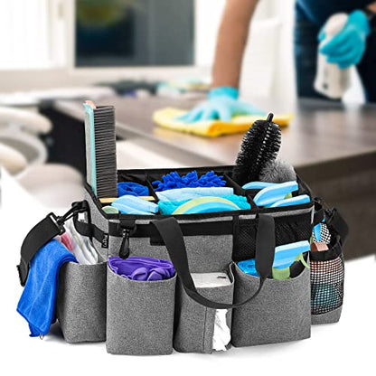 LoDrid Wearable Cleaning Caddy Bag with 4 Foldable Dividers, Cleaning Supply Organizer with Shoulder Strap and Side Handles for Cleaners & Housekeepers, Grey - color: Gray