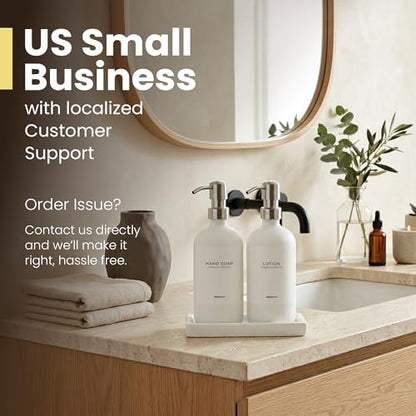 MaisoNovo Soap and Lotion Dispenser Set - Bathroom Soap Dispenser Set with White Soap Dispenser, Silver Pumps & Ceramic Tray - color: White Bottles/ Silver Pumps/ White Ceramic Tray