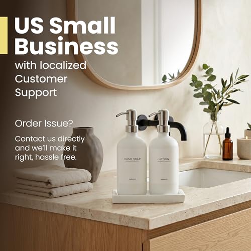 MaisoNovo Soap and Lotion Dispenser Set - Bathroom Soap Dispenser Set with White Soap Dispenser, Silver Pumps & Concrete Tray - color: White Bottles/ Silver Pumps/ White Concrete Tray