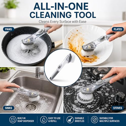 Soap Dispensing Dish Brush, Kitchen Scrub Brush with Built-in Soap Dispenser for Pots, Pans, Sink, Dishes & Everyday Cleaning