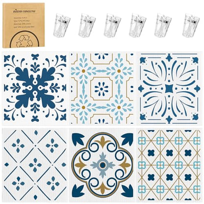 Needbrock 6 Pack Swedish Dishcloths for Kitchen,Swedish Rags Dish Towels with Clips, Reusable Paper Towels Washable Absorbent Cellulose Sponge Cloths for Countertop Dishes Sink Kitchen - color: Geometric Style