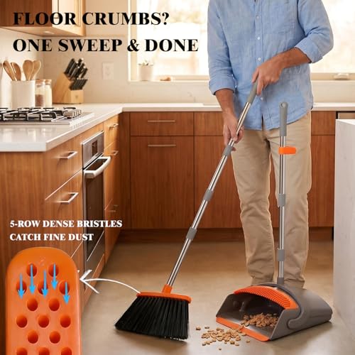 Broom with Standing Dustpan Combo Set, 52" Long Handle Self-Cleaning Teeth, 5-Row Stiff Bristles Angled Head, TPR Rubber Lip for Kitchen Pet Hair Sweeping Indoor Outdoor - color: Broom Dustpan Set