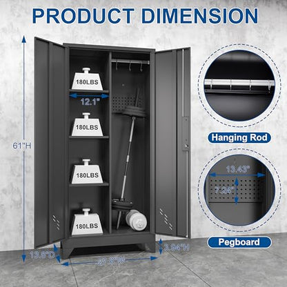 Metal Garage Storage Cabinets with Lock, Cabinet with Pegboard & Hanging Rod, Broom Closet Storage Cabinets, Black Lockable Steel Tool Cabinet for Home,Garage,Utility Room - color: 61" Black