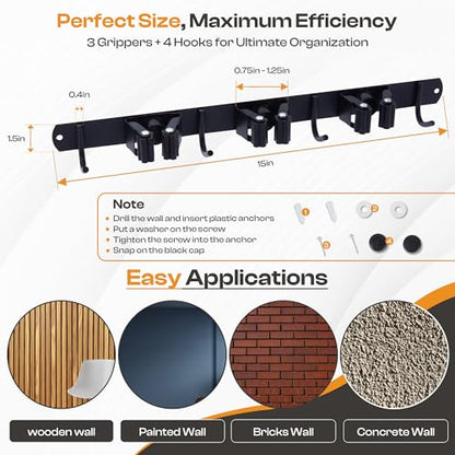 Heavy-Duty Stainless-Steel Broom Holder Wall Mount with 3 Racks and 4 Hooks | Waterproof Mop and Broom Hanger | Adjustable, Garage & Garden Tool Organizer | Black - size: 3 Racks & 4 Hooks