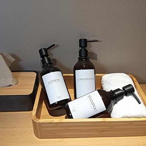 Shampoo Dispenser for Shower Wall, Shampoo and Conditioner Dispenser with 16 Waterproof Labels, No Drill Shower Soap Dispenser Bathroom, Shower Soap Dispenser Wall Mounted,17oz, 3 Pack, Amber - color: 1-amber Bottle + Black Pump