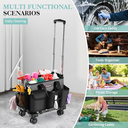 Chyaidach Rolling Cleaning Caddy, Cleaning Supplies Organizer with Trolley, Wearable Cleaning Tote Bag on Wheels with Hard Bottom, Cleaning Carts for Housekeepers/Home/Car/Office/Picnic (Grey) - color: Gray