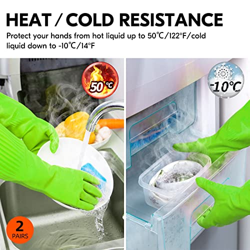 Vgo 2-Pairs Dishwashing Gloves, Reusable Household Gloves, Long Sleeve, Thick Latex, Cleaning, Washing, Working, Painting, Gardening, Pet Care (Size L, Green, RB2143)