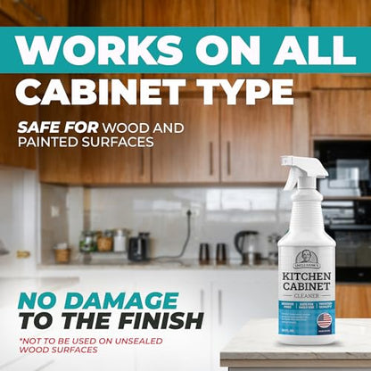 Kitchen Cabinet Cleaner – Gentle, Residue-Free and Effective Everyday Degreaser & Grime Remover for Wood, Painted and Finished Furniture - Complete with Cleaning Brush & Cabinet Cleaner Spray 32oz