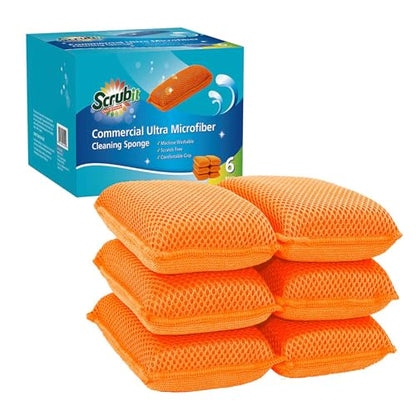Commercial Miracle Microfiber Kitchen Sponge by Scrub-It - Large - Non-Scratch Heavy Duty Dishwashing Cleaning sponges- Machine Washable- (Orange, 6 Pack) - color: Orange